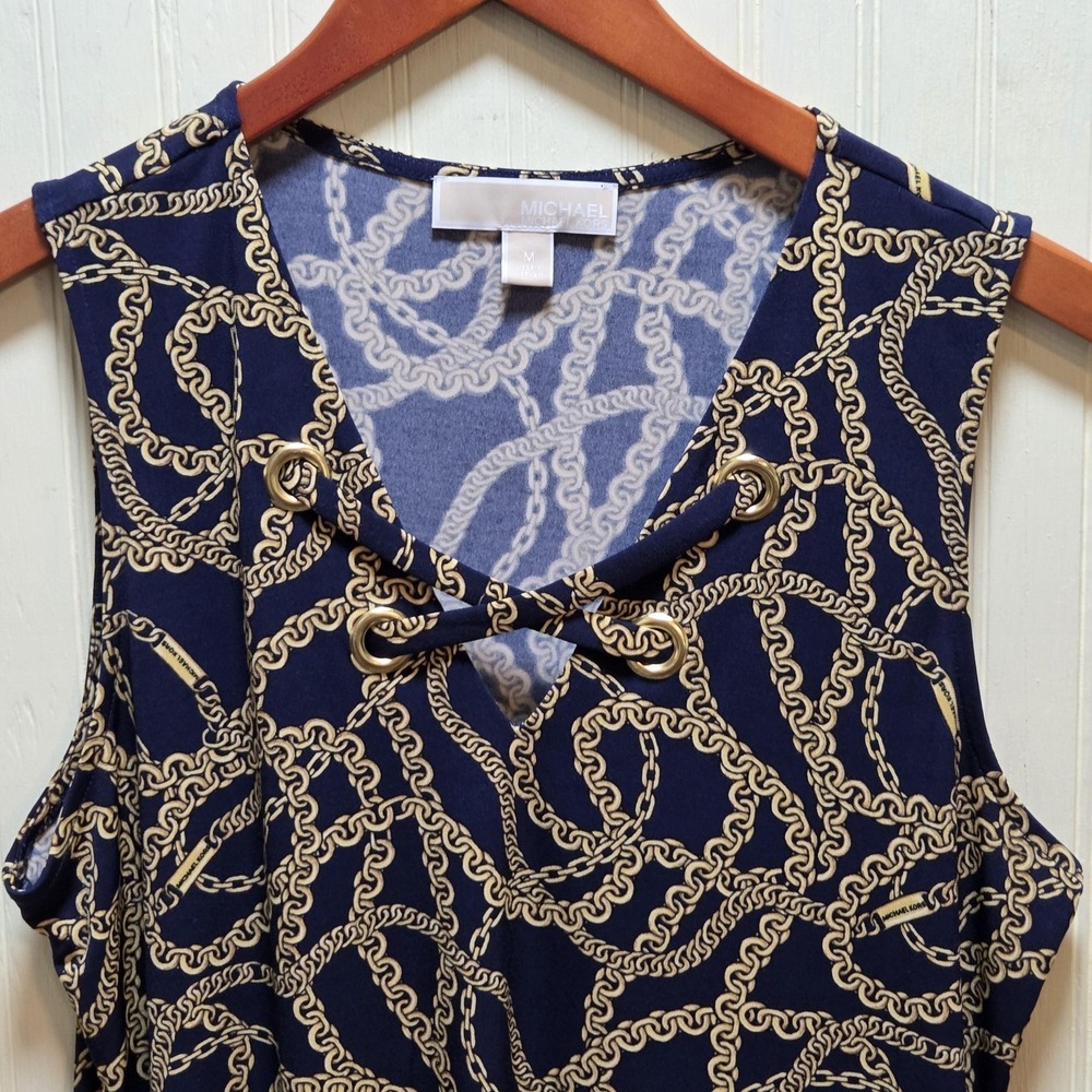 MICHAEL Michael Kors Tank Top Womens Medium Blue Chain Print V Neck Lace Up